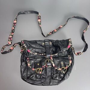 Floral Trim Black Leather Crossbody Bag